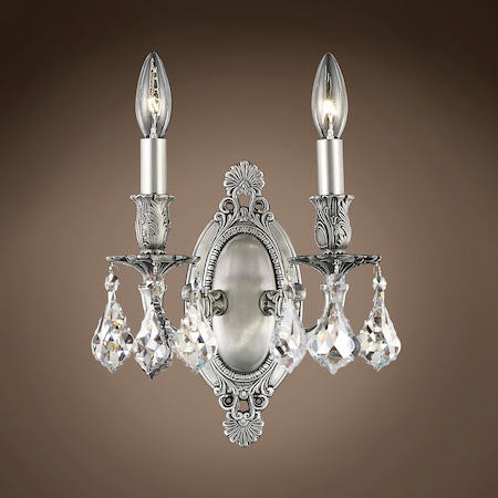 Traditional Versailles 2 Light 9" Crystal Sconce, Pewter Frame with Clear Asfour Crystals, Wall Light